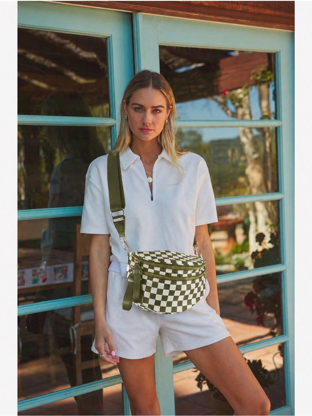 Olive Green and White Checkered Nylon Crossbody Bag | Adjustable Strap NWOT